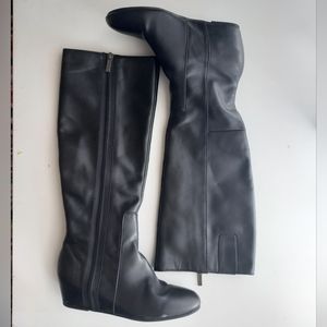 Nine West black zip up wedge knee high boots